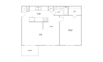 1x1 - 1 bedroom floorplan layout with 1 bath and 668 square feet