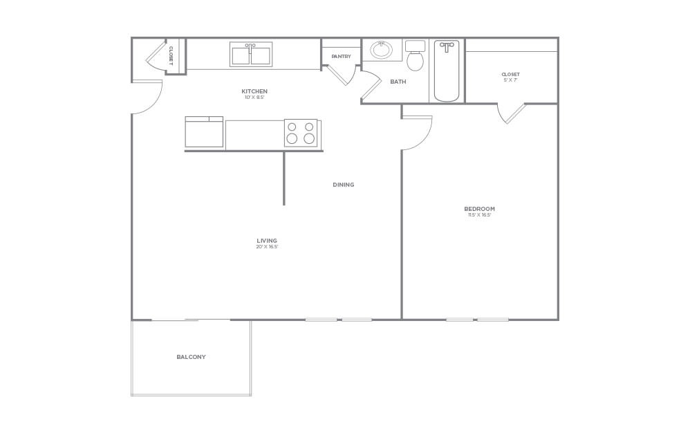 1x1 - 1 bedroom floorplan layout with 1 bath and 668 square feet (1st floor 2D)