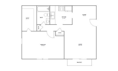 1x1 A - 1 bedroom floorplan layout with 1 bath and 724 square feet