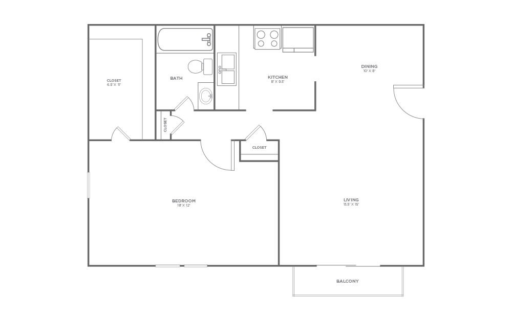 1x1 A - 1 bedroom floorplan layout with 1 bath and 724 square feet (1st floor 2D)