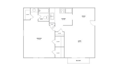 1x1 B - 1 bedroom floorplan layout with 1 bath and 724 square feet