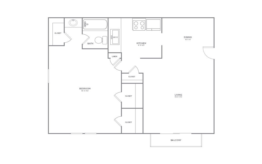 1x1 B - 1 bedroom floorplan layout with 1 bath and 724 square feet (1st floor 2D)