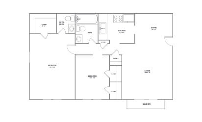 2X1.5 - 2 bedroom floorplan layout with 1.5 bath and 864 square feet