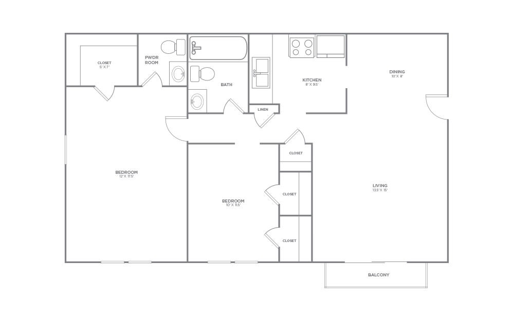 2X1.5 - 2 bedroom floorplan layout with 1.5 bath and 864 square feet (1st floor 2D)